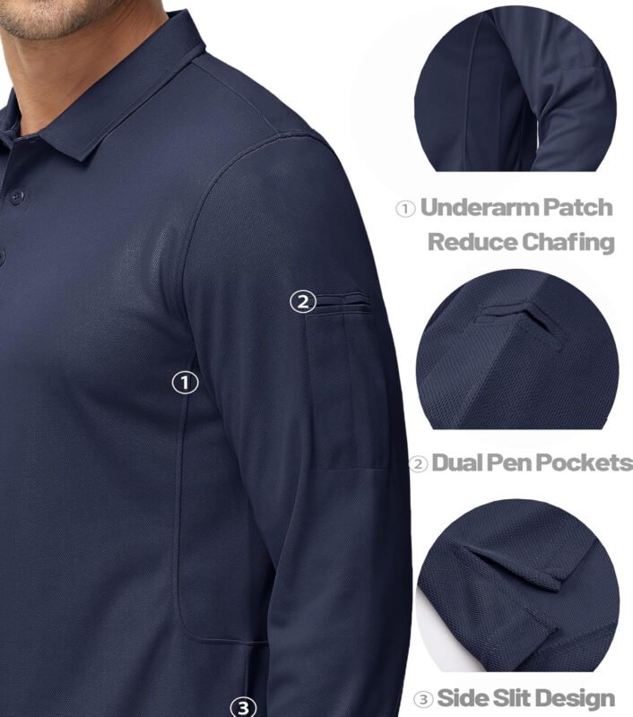 MAGCOMSEN Men’s Polo Shirts 3 Button Quick Dry Performance Long Sleeve Tactical Shirts Pique Jersey Golf Shirt