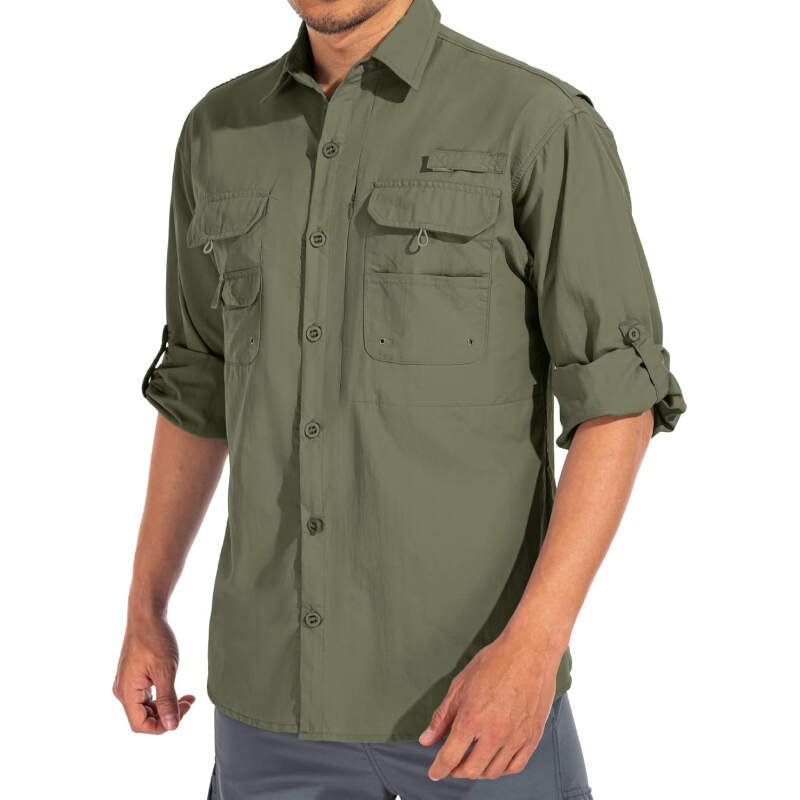 linlon Mens Safari Shirts Long Sleeve UV Protection Hiking Fishing UPF 50+ Quick Dry Cooling Camping Travel Shirts