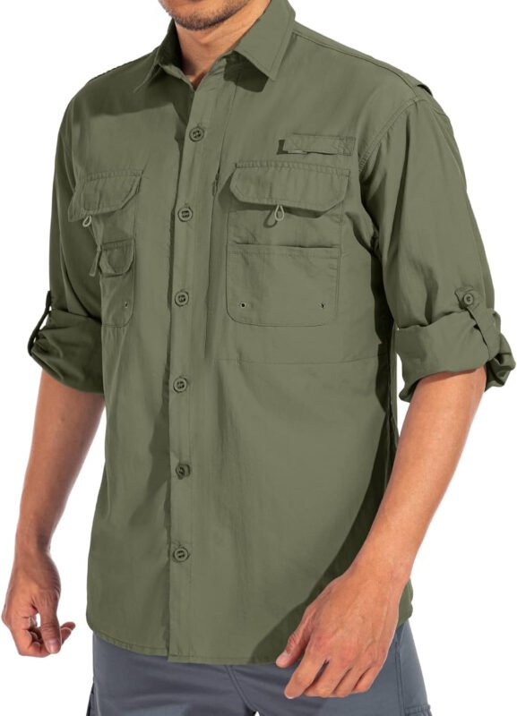 linlon Mens Safari Shirts Long Sleeve UV Protection Hiking Fishing UPF 50+ Quick Dry Cooling Camping Travel Shirts