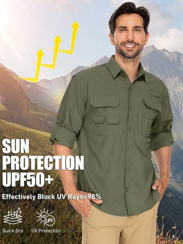 linlon Mens Safari Shirts Long Sleeve UV Protection Hiking Fishing UPF 50+ Quick Dry Cooling Camping Travel Shirts