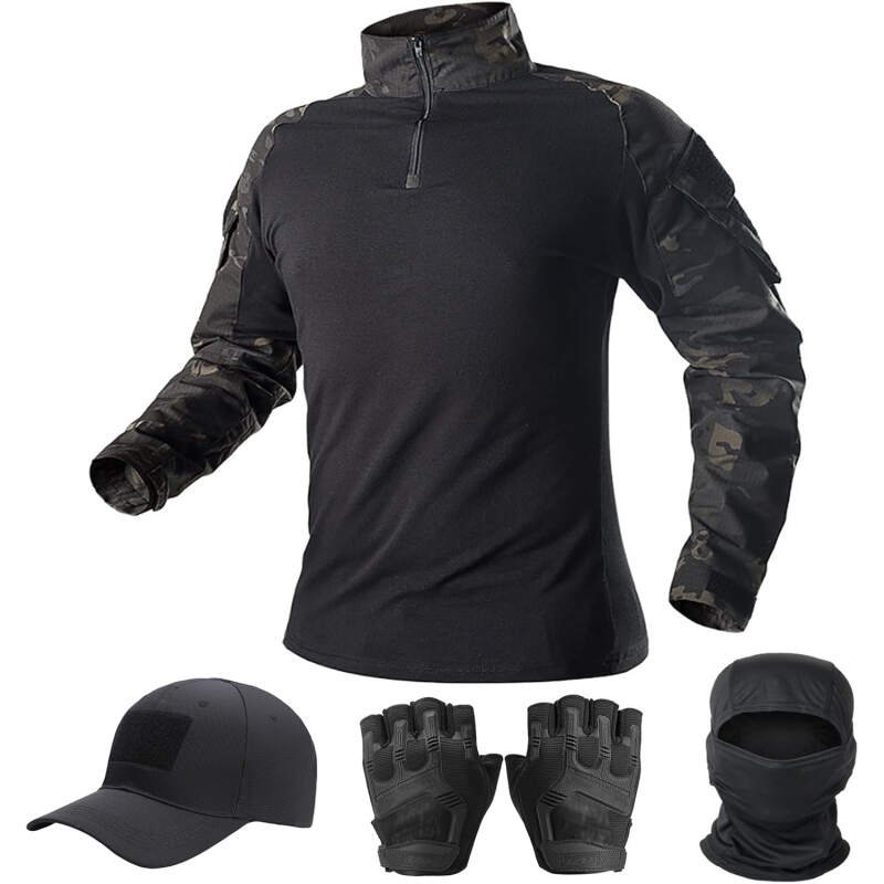 Mens Tactical Camo Shirt,Long Sleeve Combat Shirt,Cap Gloves Balaclava and 1/4 Zip Military Top  Gear