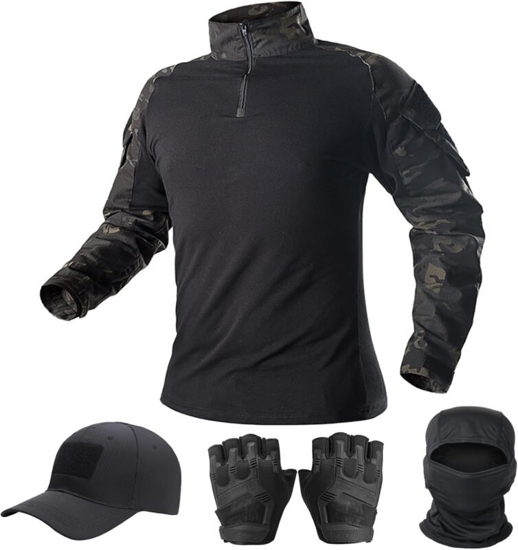 Mens Tactical Camo Shirt,Long Sleeve Combat Shirt,Cap Gloves Balaclava and 1/4 Zip Military Top  Gear