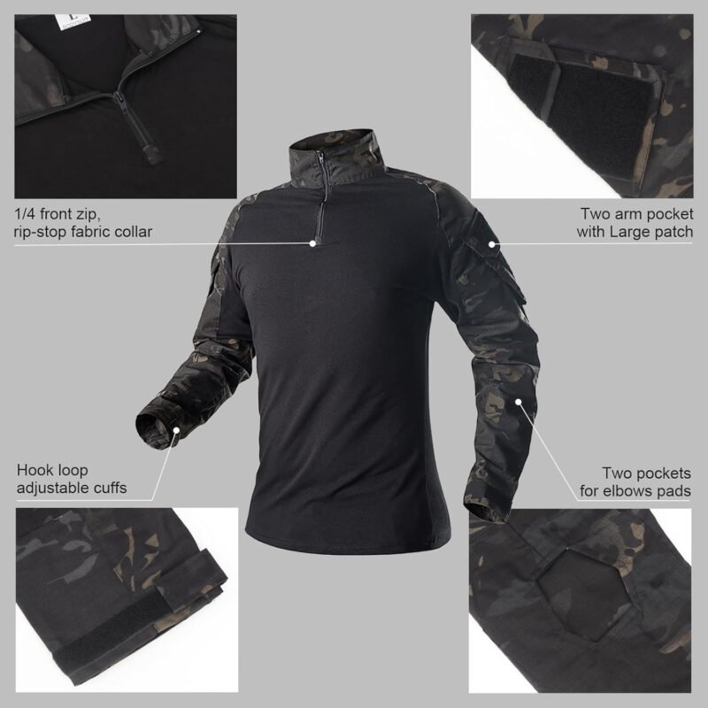 Mens Tactical Camo Shirt,Long Sleeve Combat Shirt,Cap Gloves Balaclava and 1/4 Zip Military Top  Gear