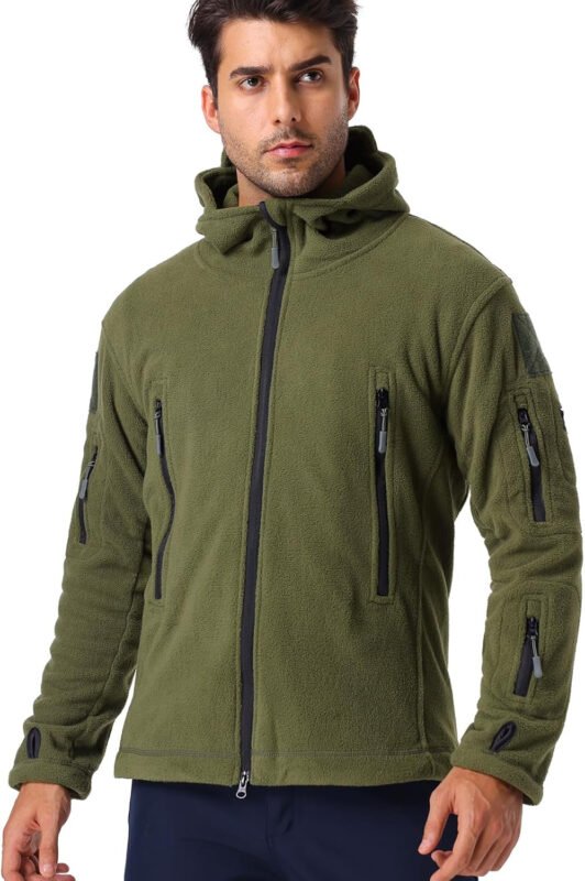 CARWORNIC Men’s Military Tactical Fleece Jacket Warm Multi-Pockets Outdoor Hooded Coat