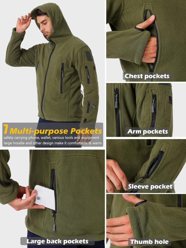 CARWORNIC Men’s Military Tactical Fleece Jacket Warm Multi-Pockets Outdoor Hooded Coat