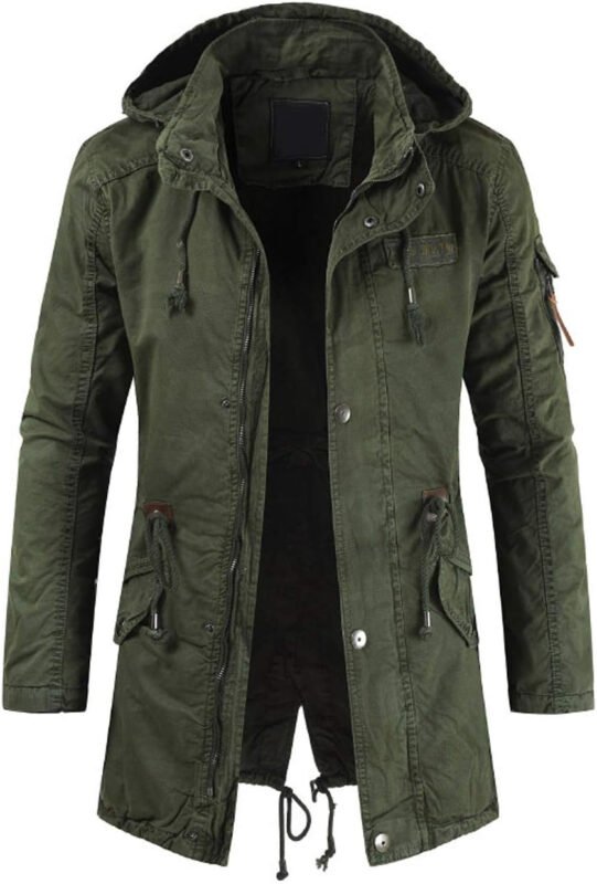 chouyatou Men’s Spring Military Full-Zip Removable Hooded Cotton Mid-Long Parka Jacket Coat