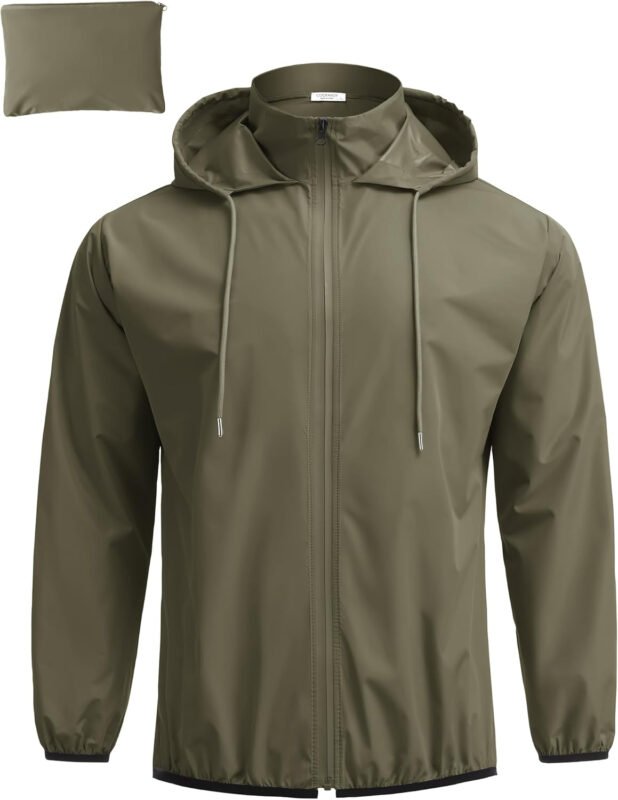 COOFANDY Men’s Packable Rain Jacket Lightweight Waterproof Raincoat with Hood Travel Hiking Golf Windbreaker