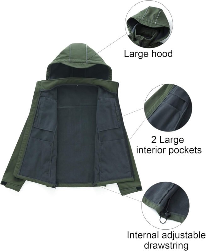 CREATMO US Men’s Softshell Military Jacket With Removable Hood, Fleece Lined and Water Repellent Outdoor Reflective Coat