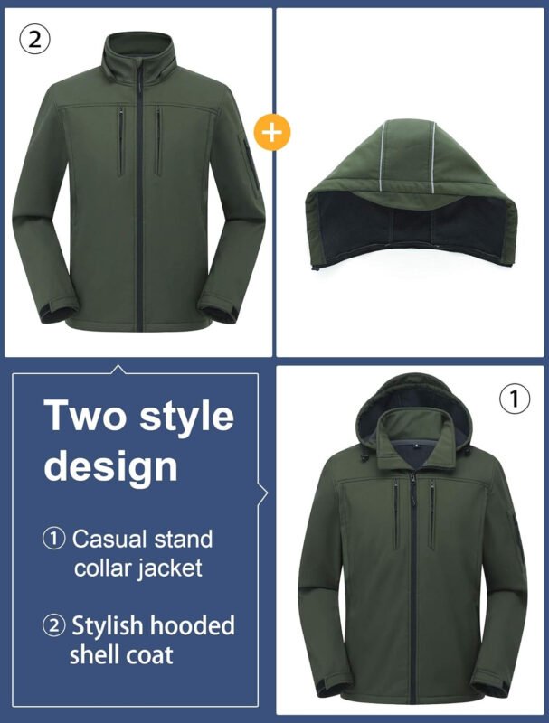 CREATMO US Men’s Softshell Military Jacket With Removable Hood, Fleece Lined and Water Repellent Outdoor Reflective Coat