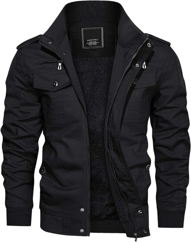 CRYSULLY Men’s Winter Casual Thicken Multi Pocket Field Jacket Outwear Fleece Cargo Jackets Coat
