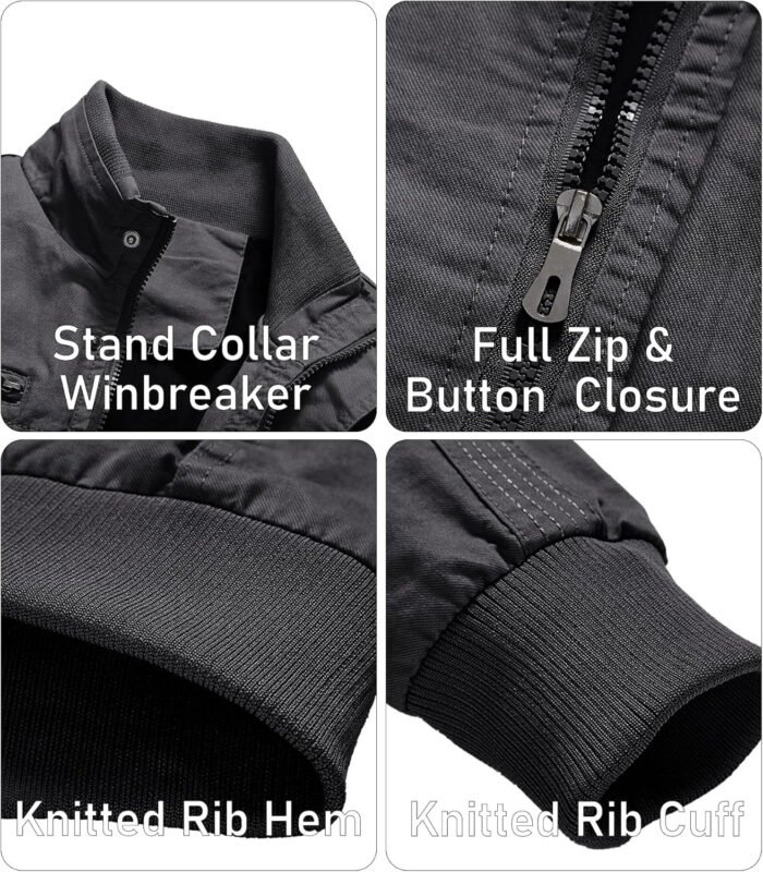 EKLENTSON Men’s Cotton Lightweight Multi Pockets Zip Front Stand Collar Military Jackets Windbreaker