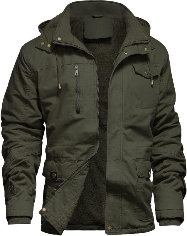 Men’s Winter Jacket Military Jacket Fleece Lined Warm Cargo Jackets Removable Hood Cotton Work Coat