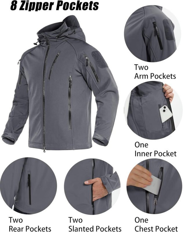 MAGCOMSEN Men’s Tactical Jacket – 8 Pockets, Water Resistant, Softshell, Fleece Lined Winter Coat for Ski