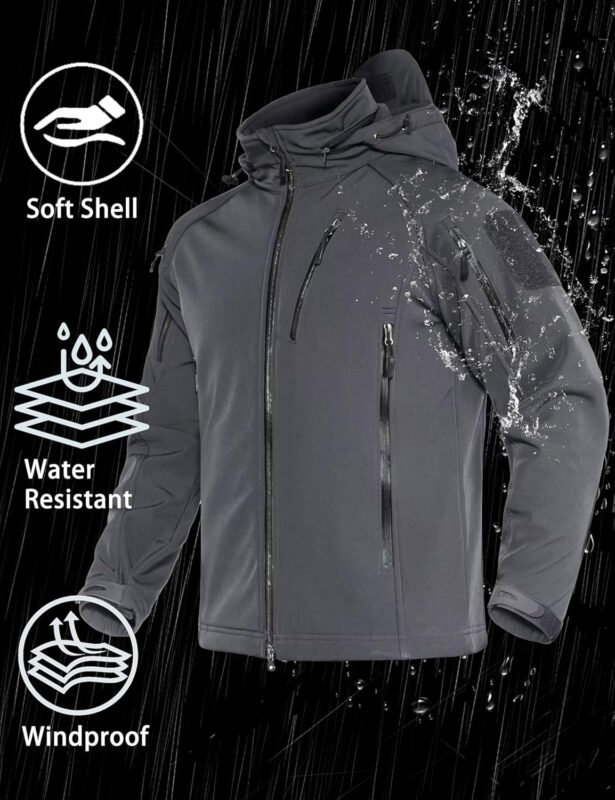 MAGCOMSEN Men’s Tactical Jacket – 8 Pockets, Water Resistant, Softshell, Fleece Lined Winter Coat for Ski