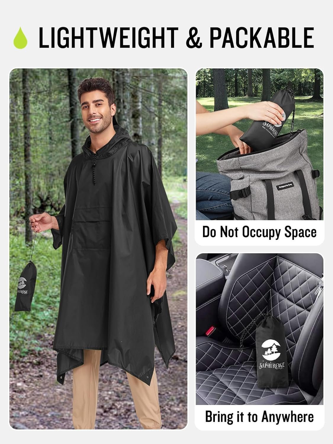 SaphiRose Extra Thick Hooded Rain Poncho Double Layer Waterproof Raincoat Jacket for Men Women Adults