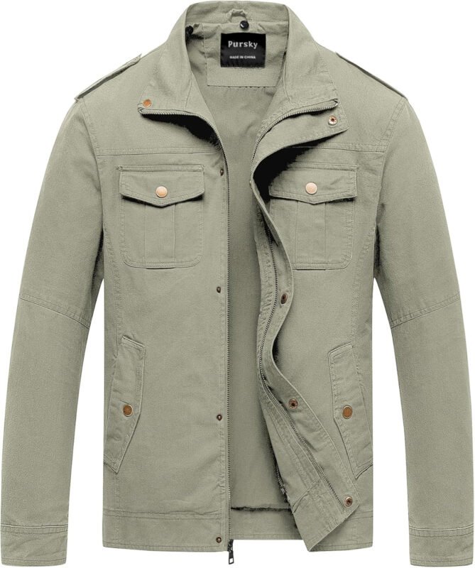 Pursky Men’s Military Jacket Casual Washed Cotton Hooded Canvas Coat Fall Coat