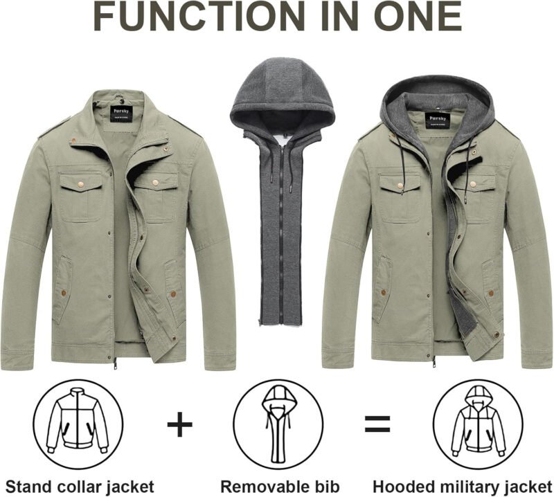 Pursky Men’s Military Jacket Casual Washed Cotton Hooded Canvas Coat Fall Coat