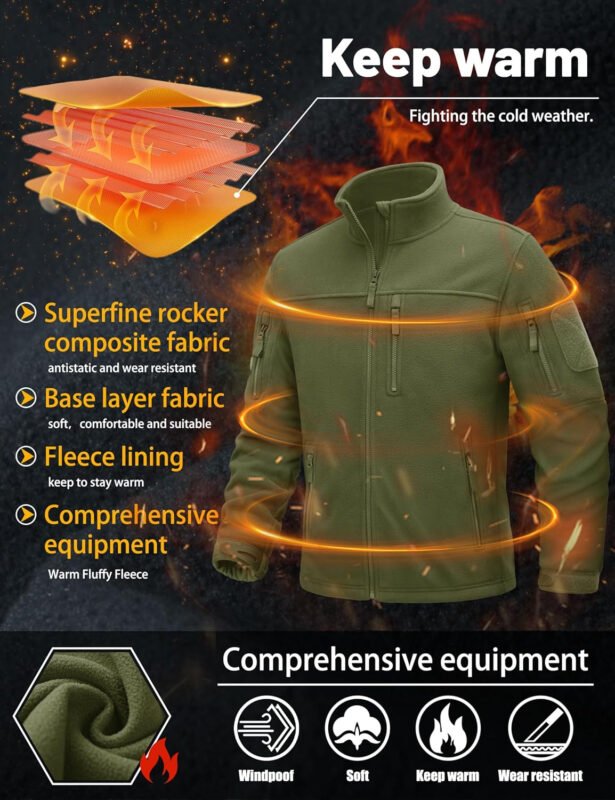TACVASEN Men’s Fleece Jacket Full Zip Winter Jacket Lightweight Tactical Jackets Outdoor Hiking Coats with Pockets