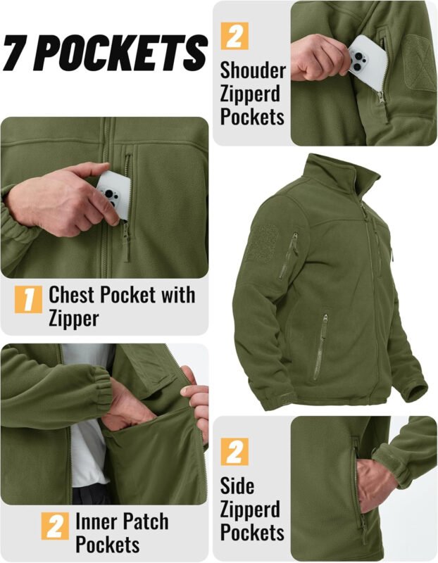 TACVASEN Men’s Fleece Jacket Full Zip Winter Jacket Lightweight Tactical Jackets Outdoor Hiking Coats with Pockets