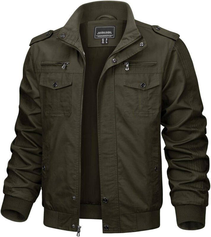 TACVASEN Men’s Military Lightweight Jacket Army Cargo Windbreaker Zip Front Stand Collar Cotton Jackets with Multi Pockets