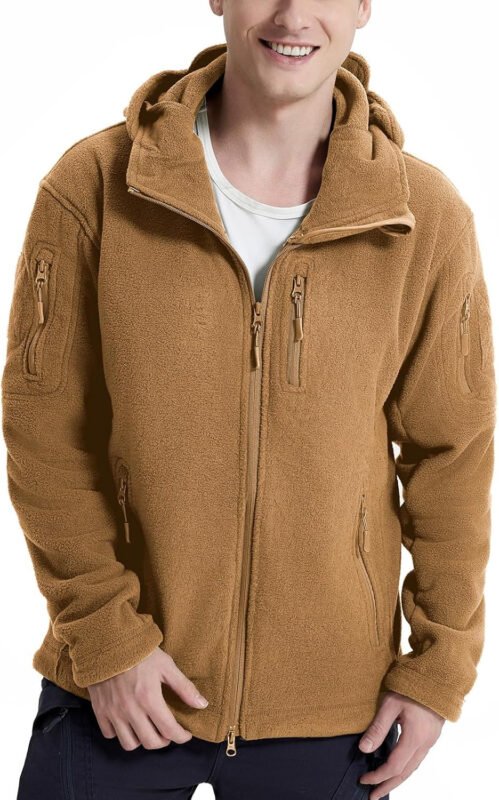 CARWORNIC Men’s Tactical Hooded Fleece Jackets Full-Zip Winter Warm Polar Military Outdoor Hiking Coat with Zipper Pockets