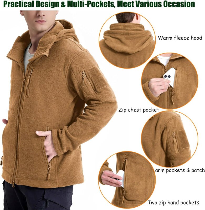 CARWORNIC Men’s Tactical Hooded Fleece Jackets Full-Zip Winter Warm Polar Military Outdoor Hiking Coat with Zipper Pockets