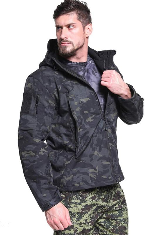 CARWORNIC Men’s Camo Quiet Hunting Jacket Waterproof Softshell Fleece Lined Camouflage Outdoor Hiking Fishing Coat