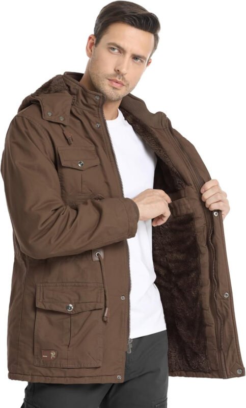 CHEXPEL Men’s Thick Winter Jackets with Hood, Fleece Lining, Cotton Military Work Jackets with Cargo Pockets, Outwear
