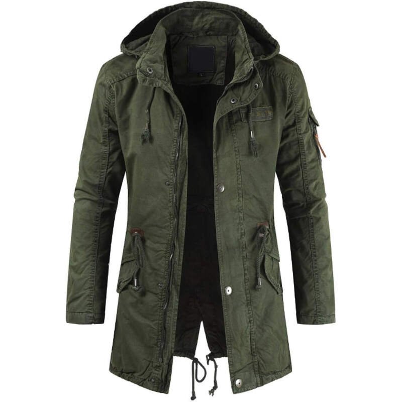 chouyatou Men’s Spring Military Full-Zip Removable Hooded Cotton Mid-Long Parka Jacket Coat