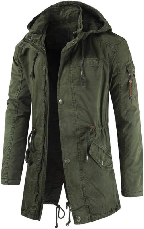 chouyatou Men’s Spring Military Full-Zip Removable Hooded Cotton Mid-Long Parka Jacket Coat