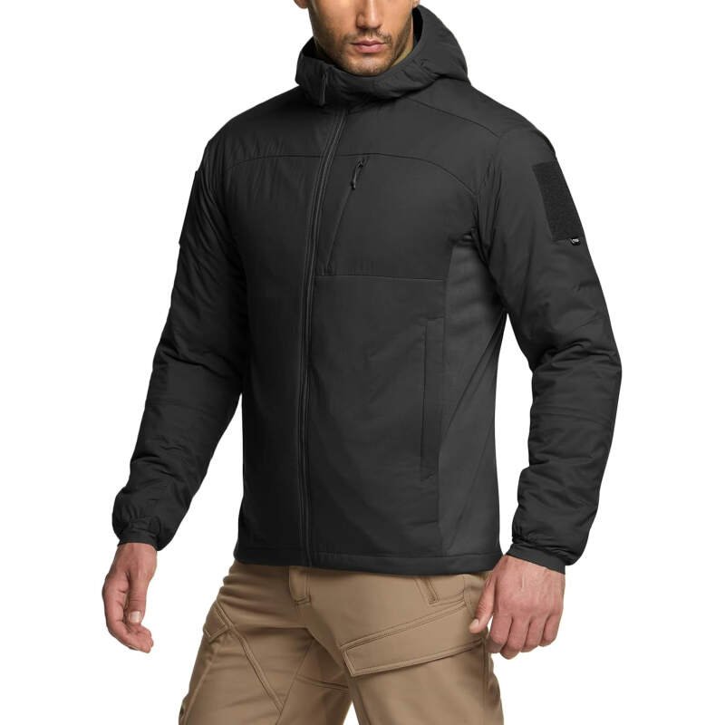 CQR Men’s Insulated Hooded Tactical Jacket, Lightweight Mid-Layer Warm Hoodie, Water Resistant Full Zip Hiking Work Coat