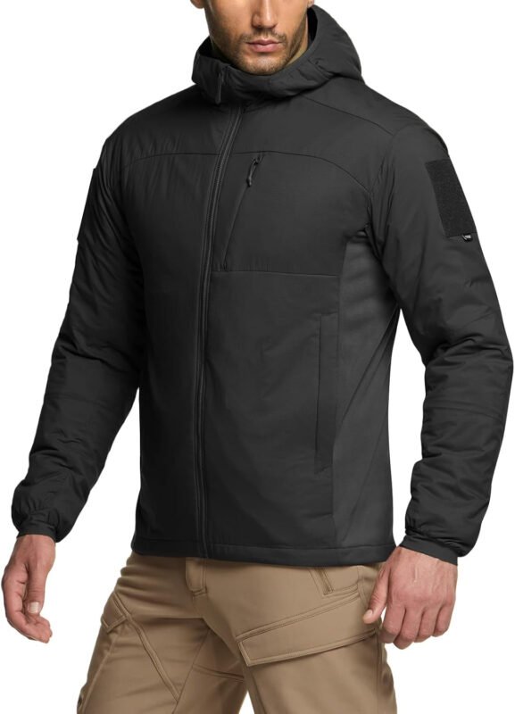 CQR Men’s Insulated Hooded Tactical Jacket, Lightweight Mid-Layer Warm Hoodie, Water Resistant Full Zip Hiking Work Coat