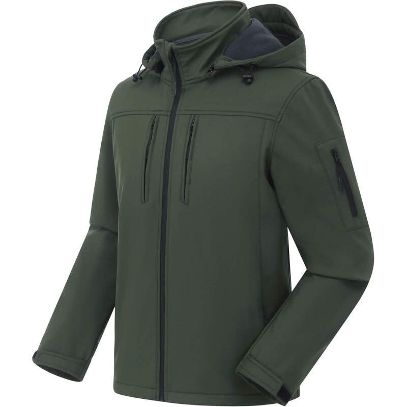 CREATMO US Men’s Softshell Military Jacket With Removable Hood, Fleece Lined and Water Repellent Outdoor Reflective Coat