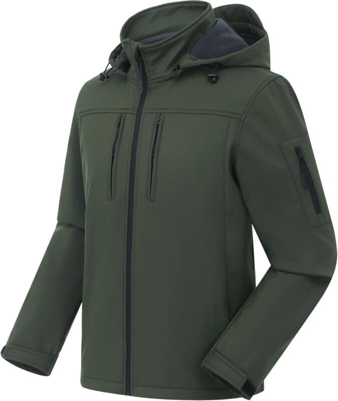 CREATMO US Men’s Softshell Military Jacket With Removable Hood, Fleece Lined and Water Repellent Outdoor Reflective Coat
