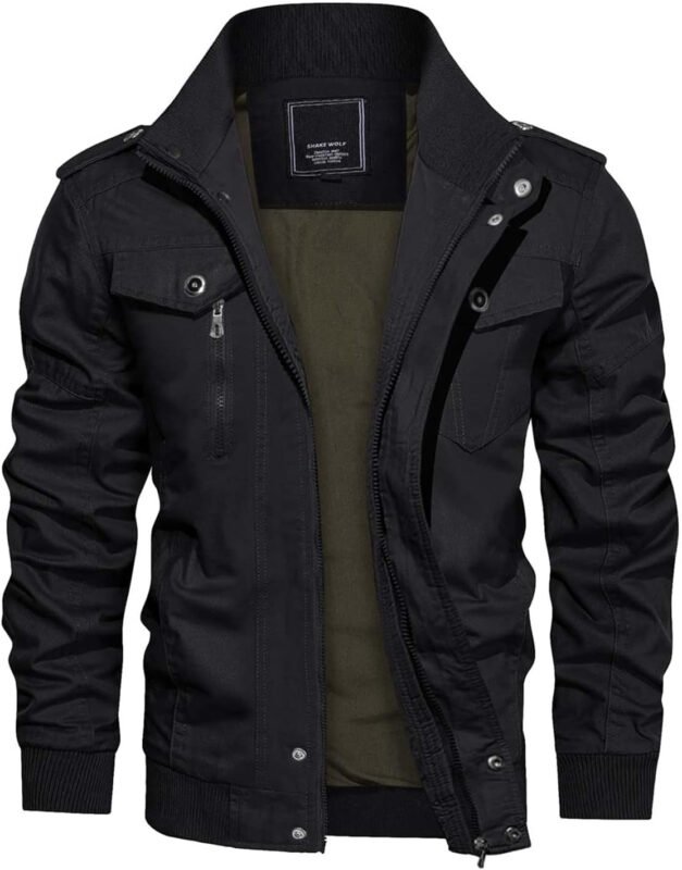 CRYSULLY Men’s Spring Fall Casual Windbreaker Jacket Cargo Stand Collar Military Bomber Jackets Coat