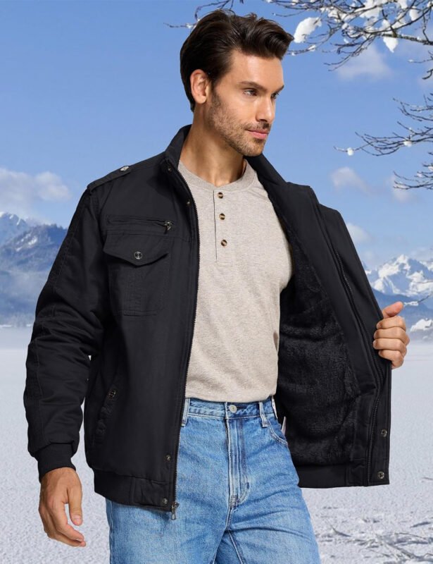 CRYSULLY Men’s Winter Casual Thicken Multi Pocket Field Jacket Outwear Fleece Cargo Jackets Coat
