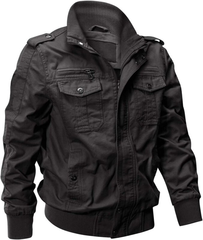 EKLENTSON Men’s Cotton Lightweight Multi Pockets Zip Front Stand Collar Military Jackets Windbreaker