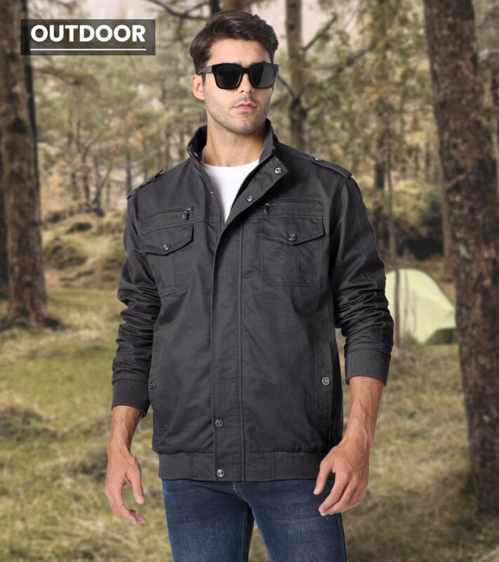 EKLENTSON Men’s Cotton Lightweight Multi Pockets Zip Front Stand Collar Military Jackets Windbreaker