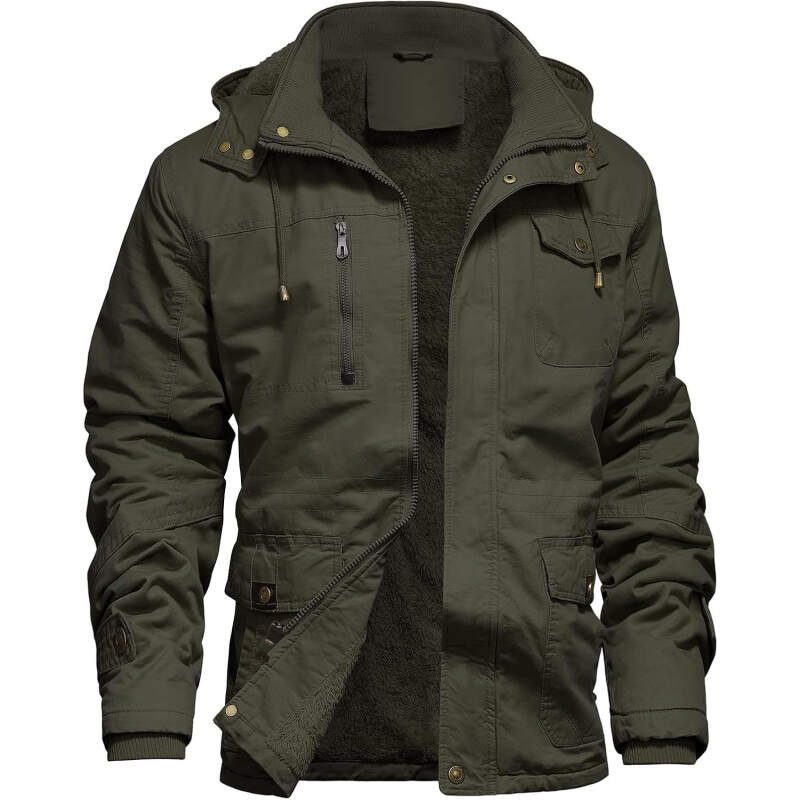 Men’s Winter Jacket Military Jacket Fleece Lined Warm Cargo Jackets Removable Hood Cotton Work Coat