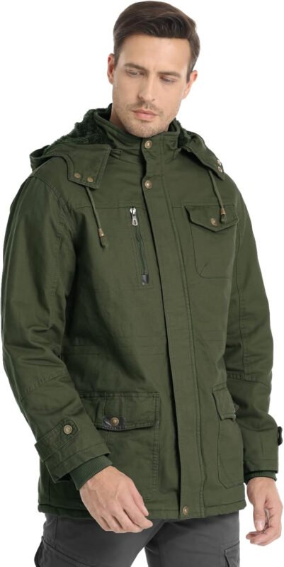 Men’s Winter Jacket Military Jacket Fleece Lined Warm Cargo Jackets Removable Hood Cotton Work Coat