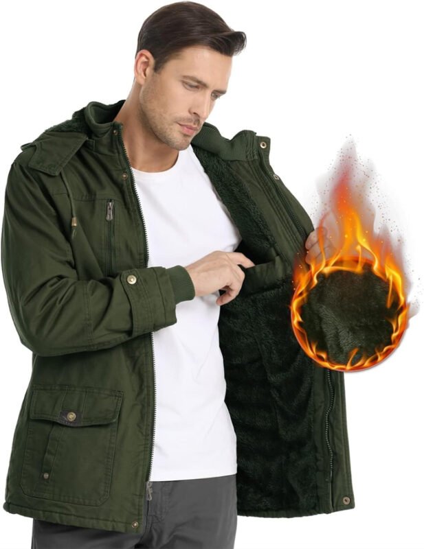 Men’s Winter Jacket Military Jacket Fleece Lined Warm Cargo Jackets Removable Hood Cotton Work Coat