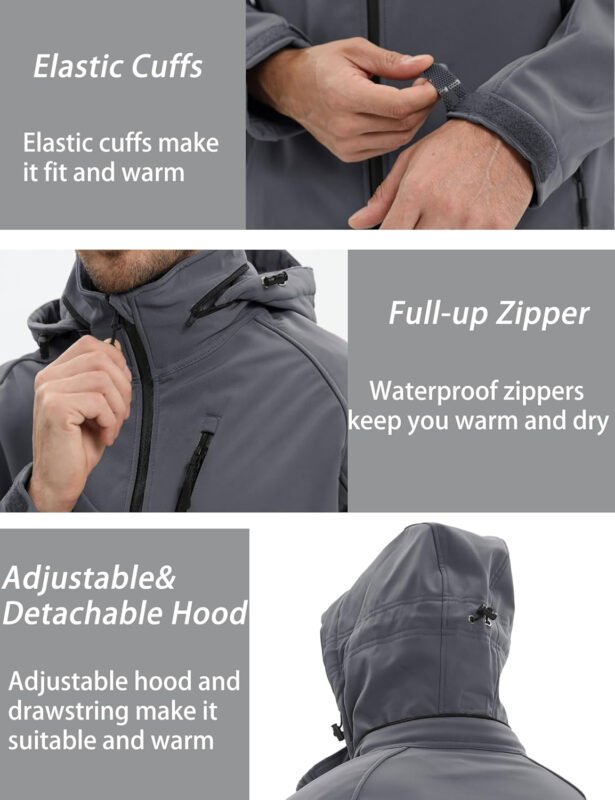 MAGCOMSEN Men’s Tactical Jacket – 8 Pockets, Water Resistant, Softshell, Fleece Lined Winter Coat for Ski
