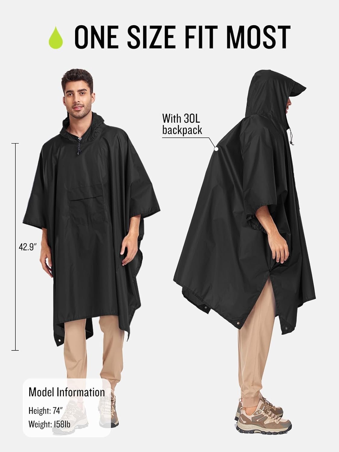 SaphiRose Extra Thick Hooded Rain Poncho Double Layer Waterproof Raincoat Jacket for Men Women Adults