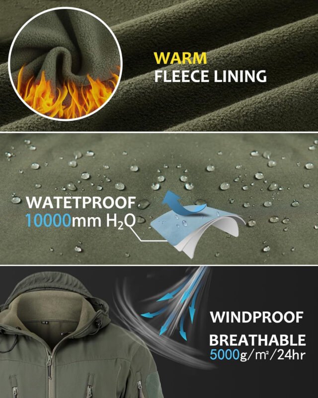 NAVEKULL Men’s Tactical Jacket Waterproof Softshell Fleece Lined Hooded Coats Outdoor Hiking Windbreaker