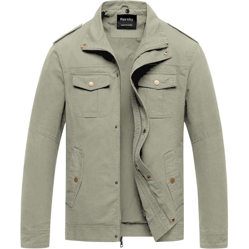 Pursky Men’s Military Jacket Casual Washed Cotton Hooded Canvas Coat Fall Coat