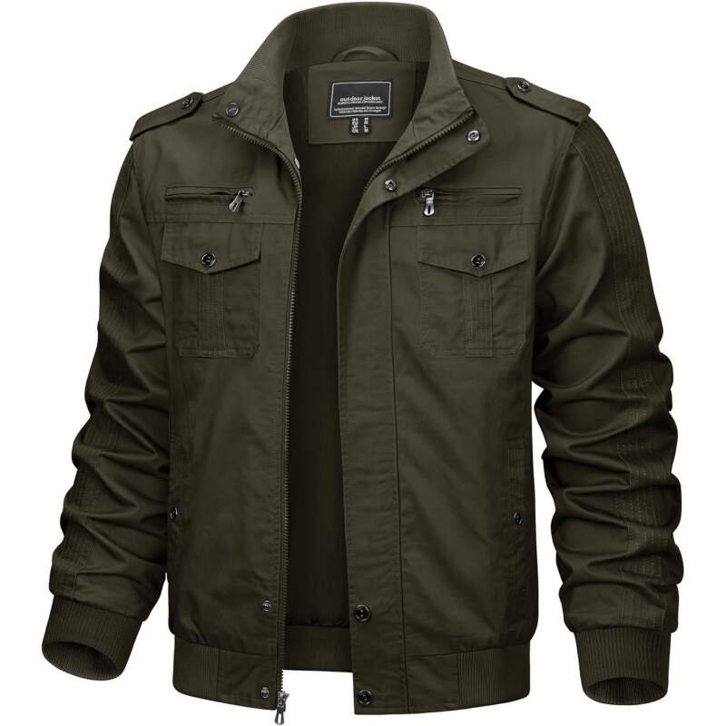 TACVASEN Men’s Military Lightweight Jacket Army Cargo Windbreaker Zip Front Stand Collar Cotton Jackets with Multi Pockets