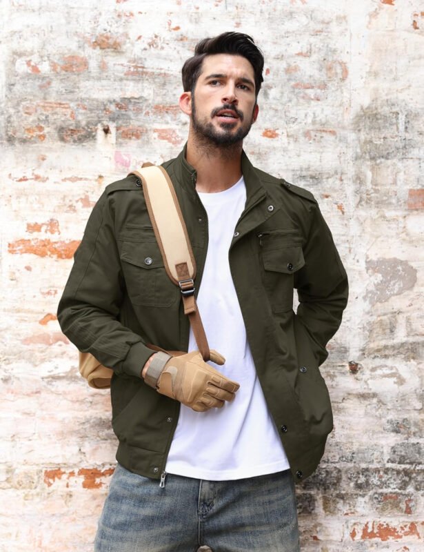 TACVASEN Men’s Military Lightweight Jacket Army Cargo Windbreaker Zip Front Stand Collar Cotton Jackets with Multi Pockets