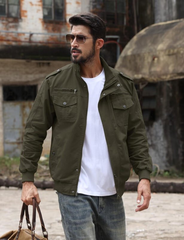 TACVASEN Men’s Military Lightweight Jacket Army Cargo Windbreaker Zip Front Stand Collar Cotton Jackets with Multi Pockets