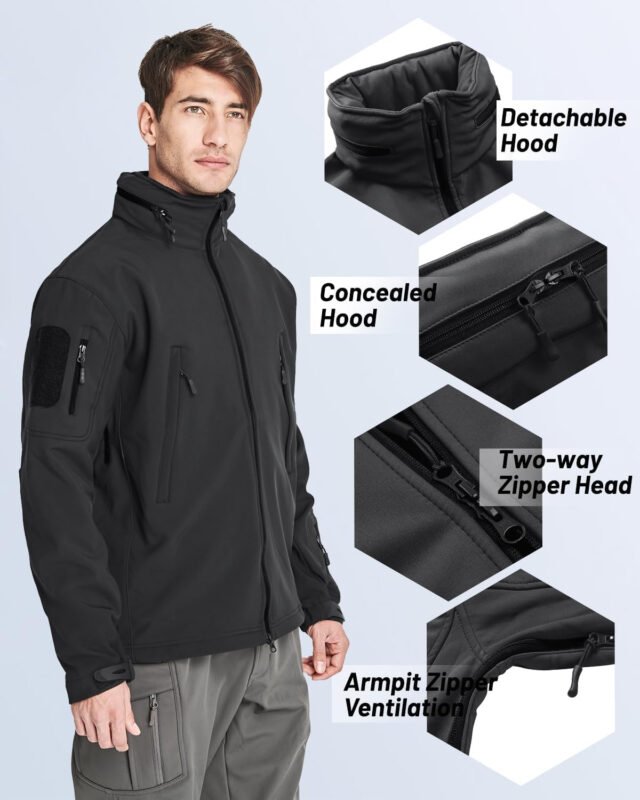 TACVASEN Men’s Fleece Lined Tactical Jacket Waterproof Military Hoodie Winter Softshell Jacket Rain Coat Warm Hiking Hunting