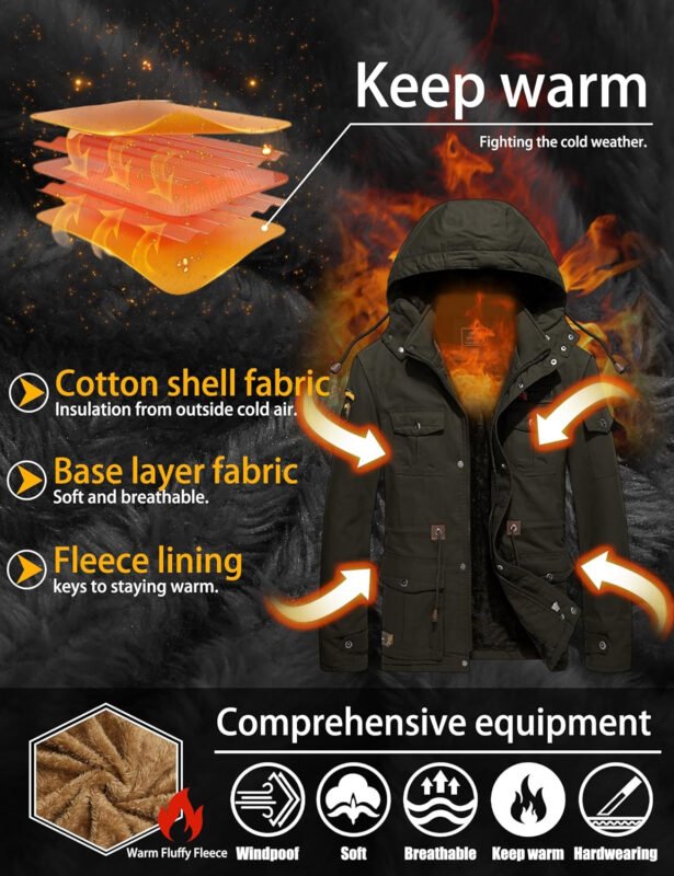 TACVASEN Men’s Winter Jacket Cotton Military Jackets Fleece Lined Thick Work Warm Cargo Coats with Hooded